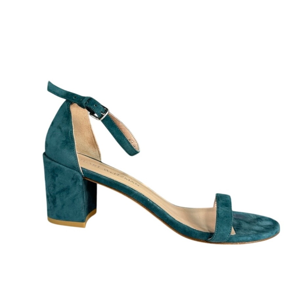Stuart Weitzman Nearlynude Teal Suede Block Heel Sandals Size 9M Made in Spain